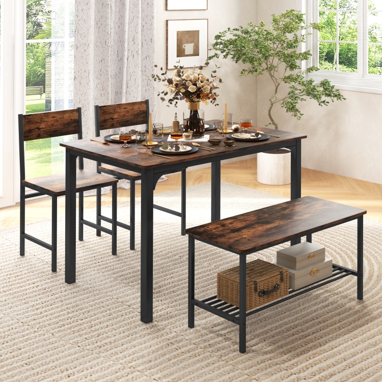 Dining Table With Storage Bench Rustic Wood Grain Black Metal Frame