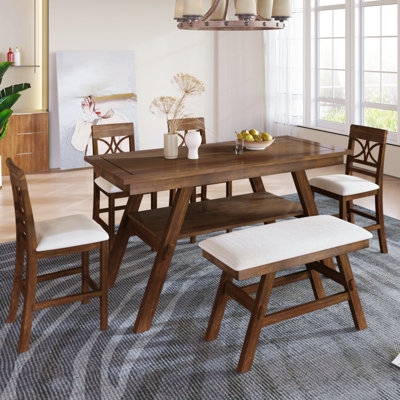 Dining Table with Storage Shelf Rustic Wood Set with Bench