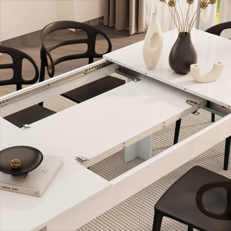 Dining Table with Telescoping Slides High Gloss White Extendable