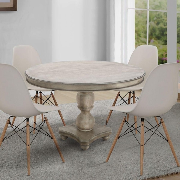 Dining Table with Turned Stacked Pedestal and Washed White Finish