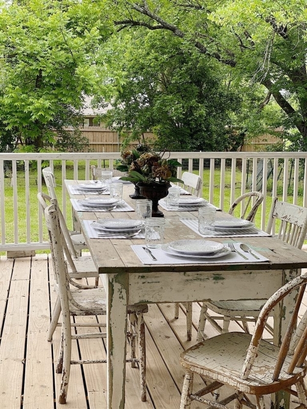 Dining Table Wood Trestle Base with White Metal Chairs Porch Dining