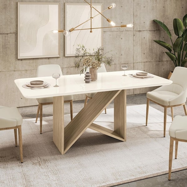 Dining Table Z-Shaped Pedestal Beige Glass Top Light Oak Modern