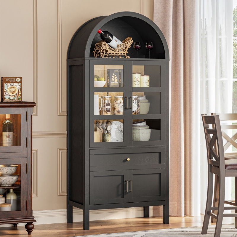 Display Cabinet Arched Top Matte Black with Glass Doors and Drawer