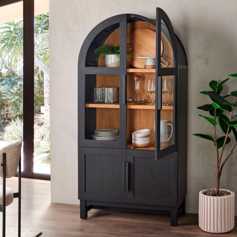 Display Cabinet Black Arched Silhouette Wood Tone Contrast Interior