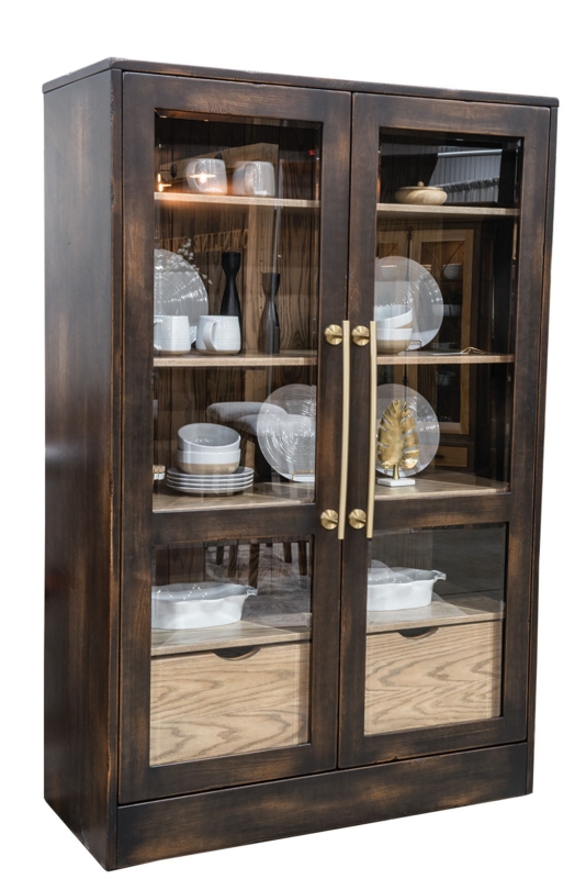 Display Cabinet Dark Wood Espresso Long Gold Handles Two Tone Interior