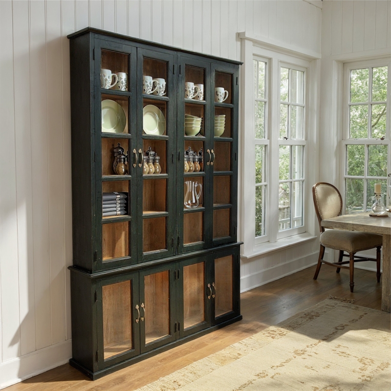 Display Cabinet Eight Glass Doors Two Piece Design Natural Wood