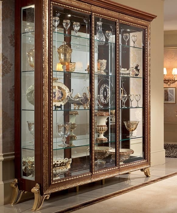 Display Cabinet Luxury Dark Wood Ornate Gold Filigree Molding Mirrored
