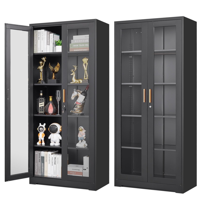 Display Cabinet Modern Industrial Metal Frame Locking Glass Doors