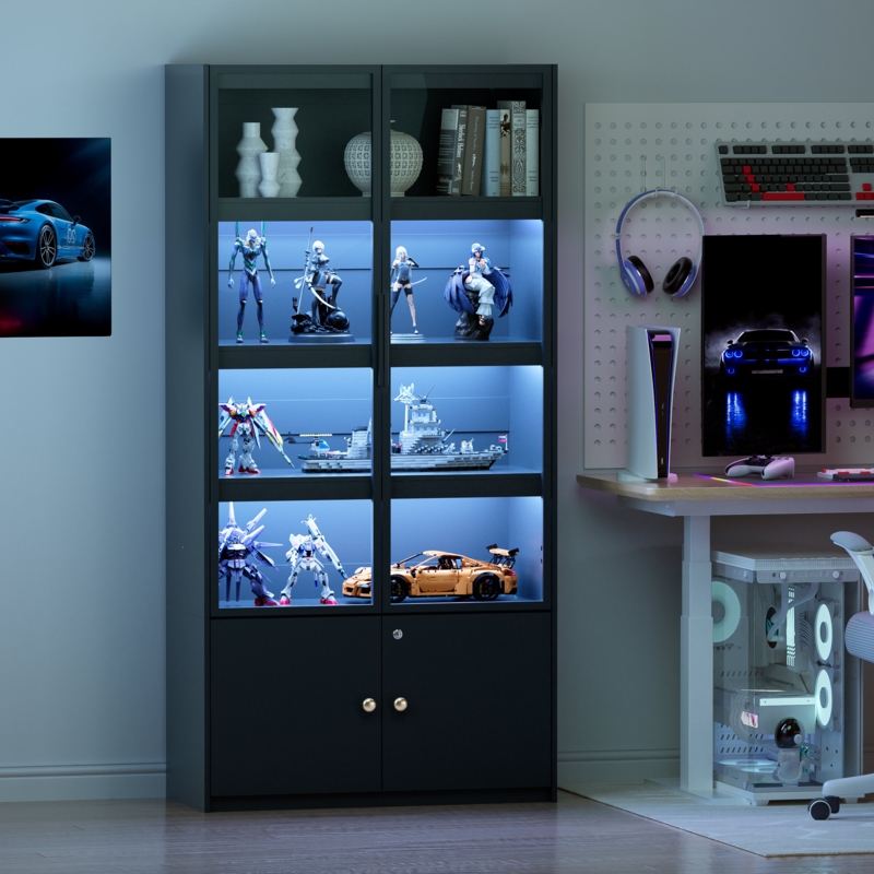 Display Cabinet Modern Matte Black with Blue LED Lighting