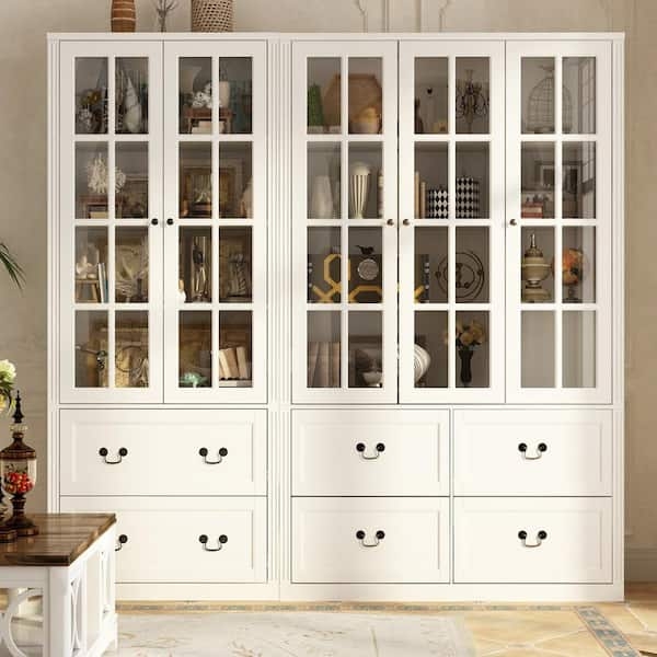 Display Cabinet Mullioned Glass Doors Six Drawer Base White