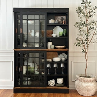 Display Cabinet Sliding Glass Doors Black Wood Contrast Modern