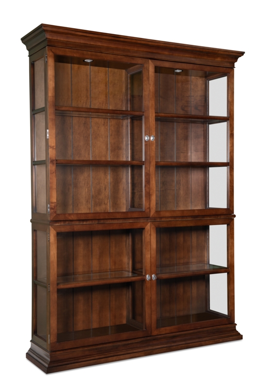 Display Cabinet Stately Wood Glass Sides Interior Lighting Crown Molding