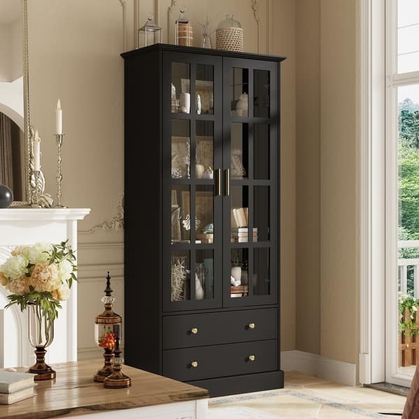Display Cabinet Windowpane Glass Doors Matte Black Gold Hardware