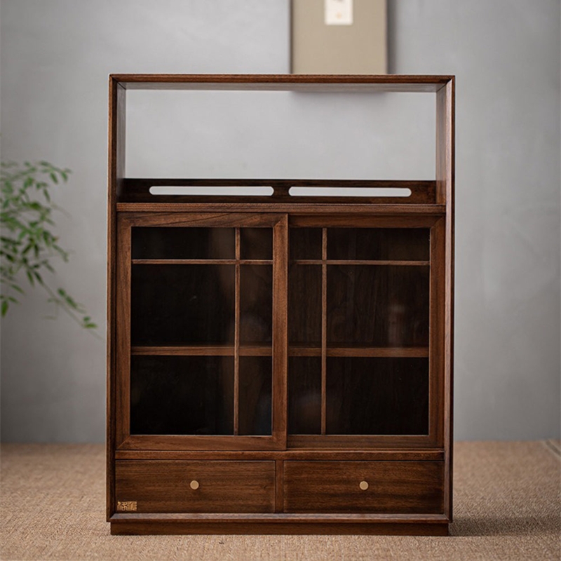 Display Cabinet Zen Modern Walnut Grid Sliding Glass Doors Compact