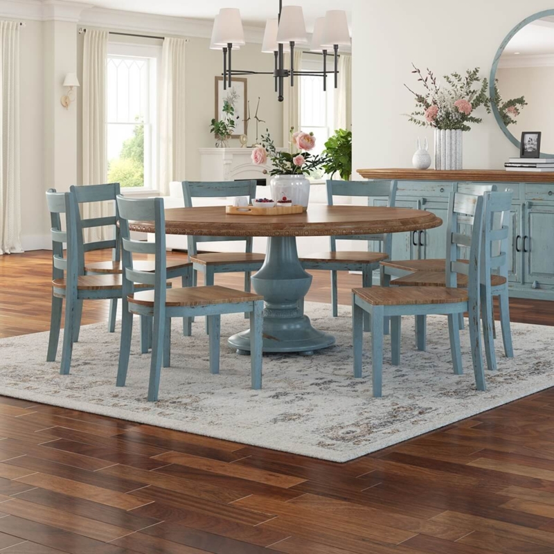 Distressed Blue Dining Table Set with Chunky Pedestal Base, Two Tone Wood