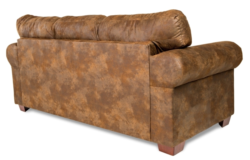 Distressed Brown Couch with Mottled Faux Leather Texture and Block Feet