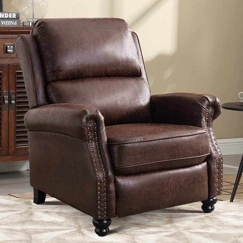 Distressed Brown Faux Leather Push Back Recliner with Nailhead Trim
