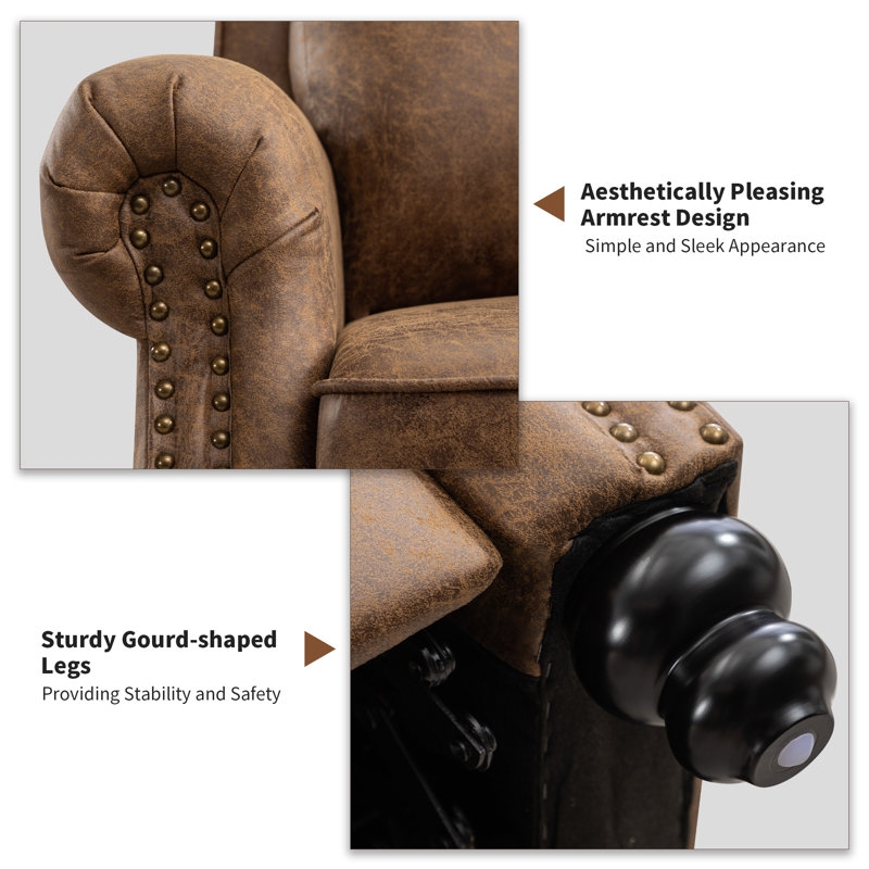Distressed Brown Leather-Like Pushback Recliner with Rivet Trim