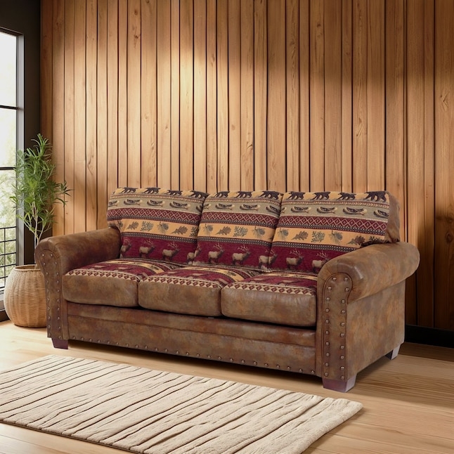 Distressed Faux Leather Sofa with Earth Tone Wildlife Pattern