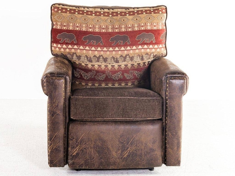 Distressed Leather-Look Recliner with Woven Bear Pattern Back Cushion