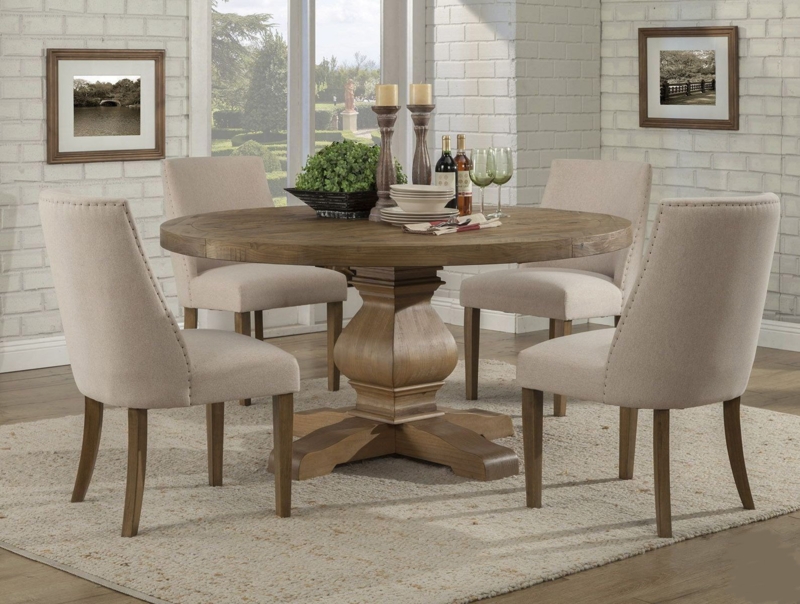 Distressed Natural Wood Round Dining Table with Turned Pedestal Base