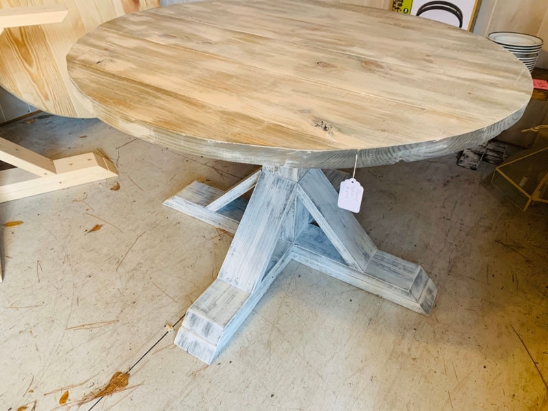 Distressed Pedestal Dining Table with Whitewashed Plank Top, Rustic Round