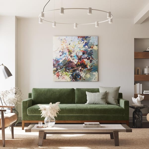 Distressed Velvet Straight Sofa with Wood Plinth Base