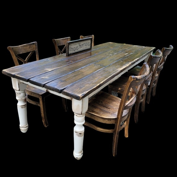 Distressed White Dining Set: Chunky Turned Legs, Ladder Backs