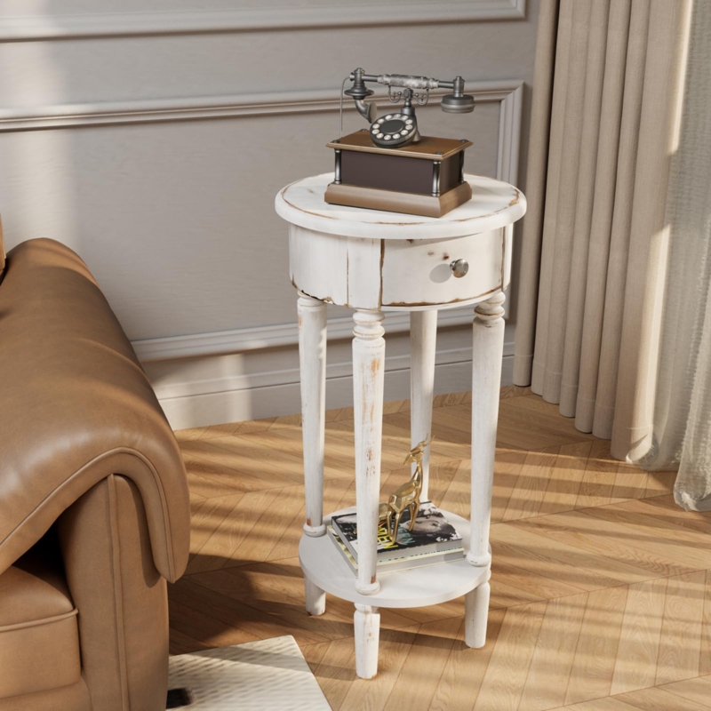 Distressed White End Table with Drawer, Tall Round Pedestal