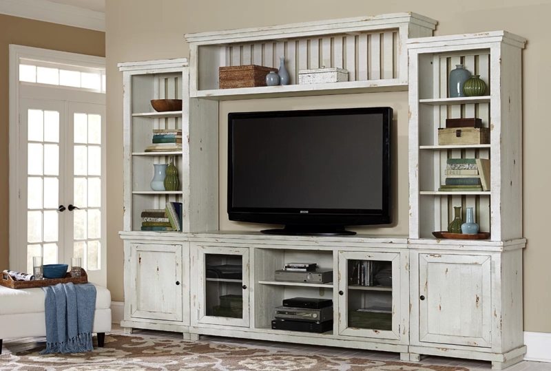 Distressed White Entertainment Center Modular Slatted Back Panels
