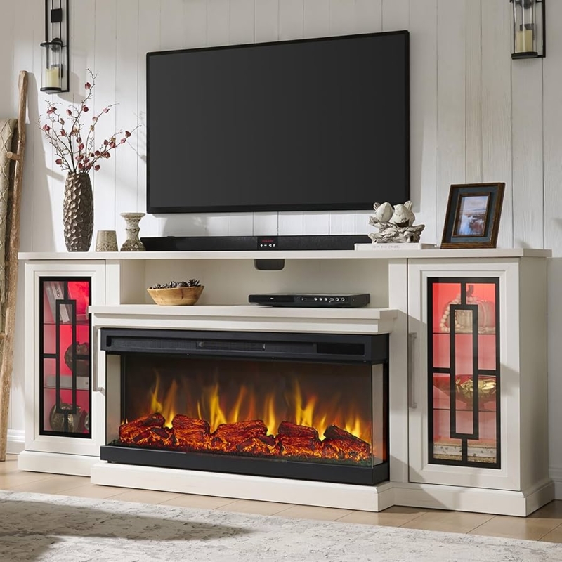 Distressed White TV Stand with Geometric Glass Doors and Red LEDs