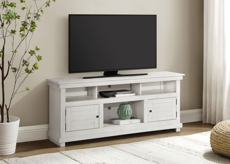 Distressed White TV Stand with Horizontal Slat Doors and Open Shelving