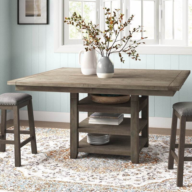 Distressed Wood Square Dining Table with Built-In Shelves