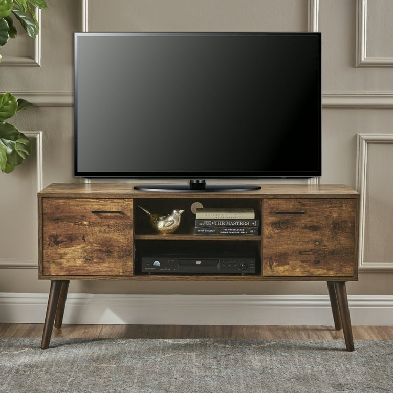 Distressed Wood TV Stand Tapered Legs Mid-Century