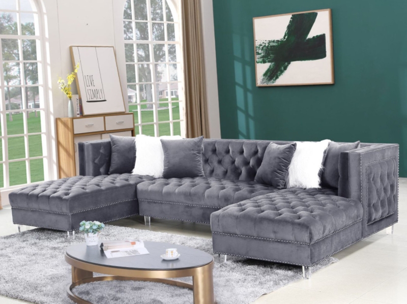 Double Chaise Sectional with Nailhead Trim and Clear Acrylic Legs