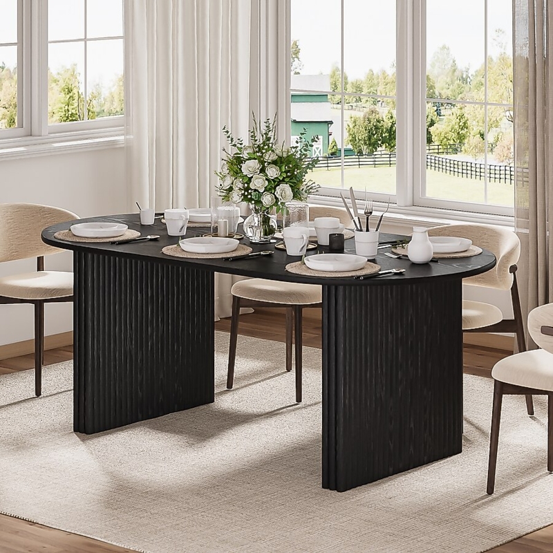 Double Pedestal Dining Table Ribbed Oval Black Wood Toned