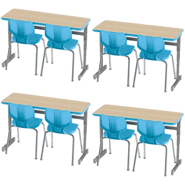 Double Student Desk Set Light Wood Blue Ribbed Chairs Cantilever