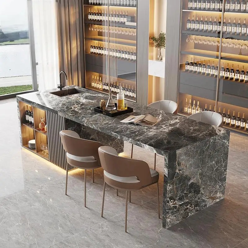 Dramatic Charcoal Marble Kitchen Island with Waterfall Edge
