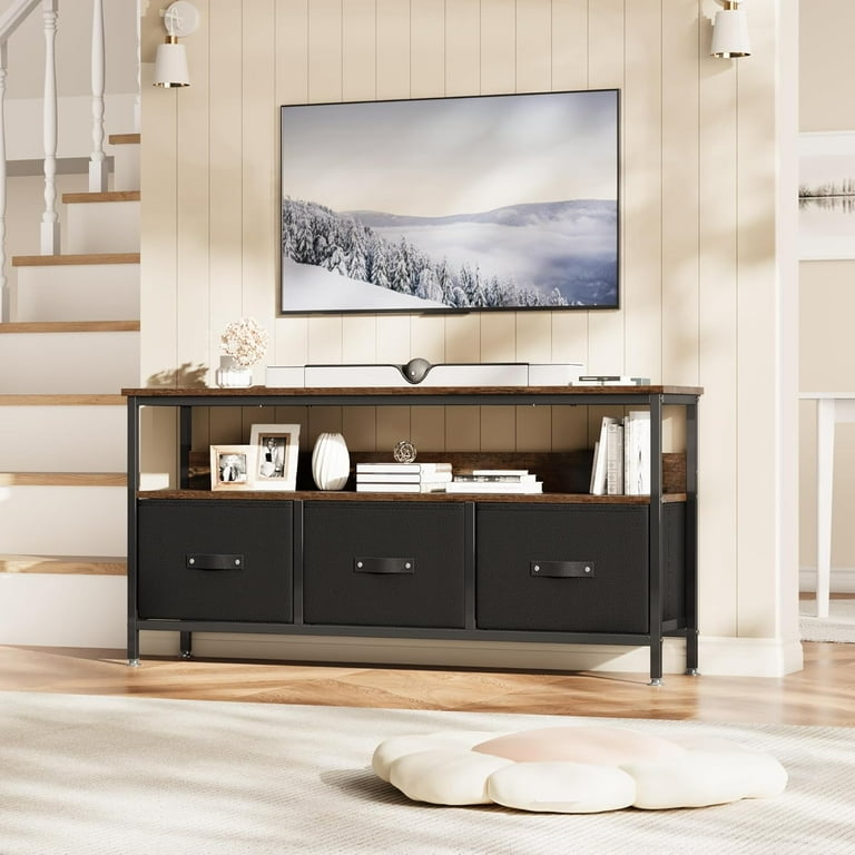 Dresser Style TV Stand with Fabric Bins Industrial Metal Frame