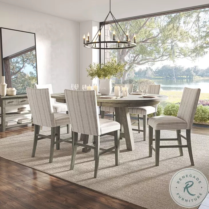 Driftwood Gray Dining Set, Striped Upholstery, Round Counter Height Table.