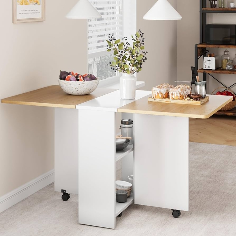 Drop Leaf Table Bi Fold Top White Matte Space Saving Table