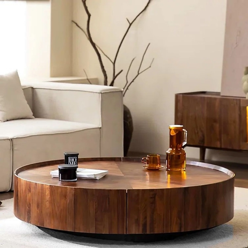 Drum Coffee Table Hidden Storage Low Profile Walnut Finish