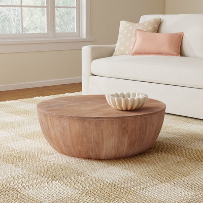 Drum Coffee Table Low Profile Wood Toned Vertical Grain