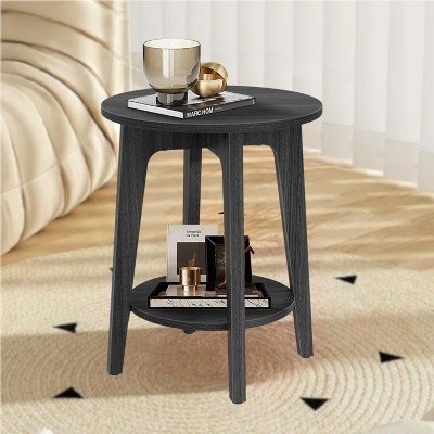 Drum End Table: Round Wood-Toned Pedestal with Vertically Ribbed Surface