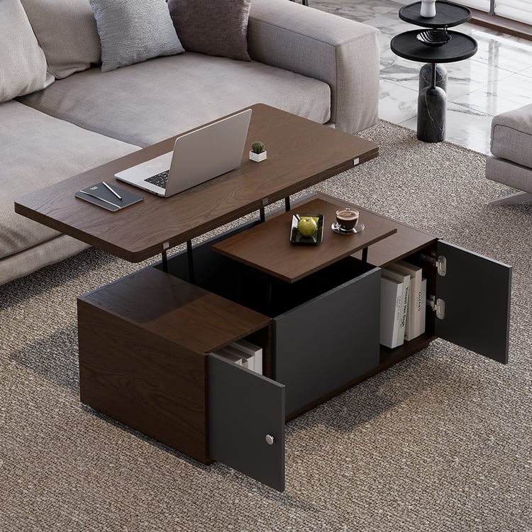 Dual Lift Top Coffee Table in Walnut and Grey with Side Cabinets