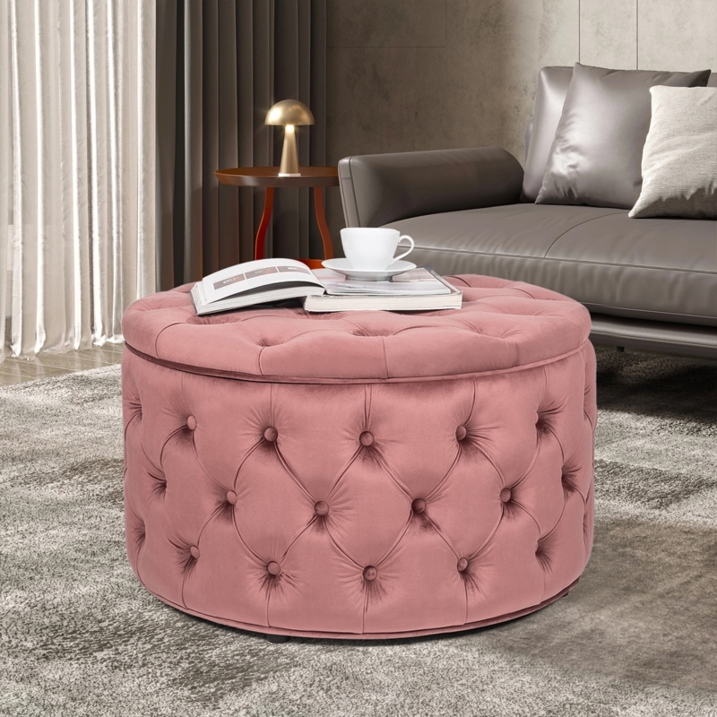 Dusty Rose Velvet Storage Ottoman with All-Over Tufting