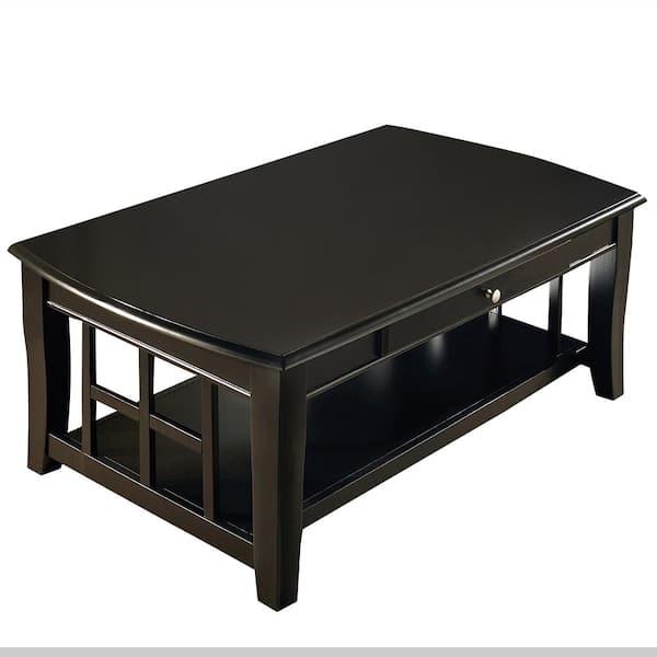 Ebony Coffee Table featuring Grid Side Panels and Central Storage Drawer