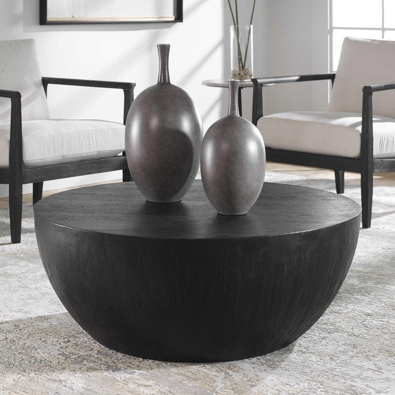 Ebony Round Coffee Table, Tapered Drum Silhouette, Matte Wood-Toned Finish