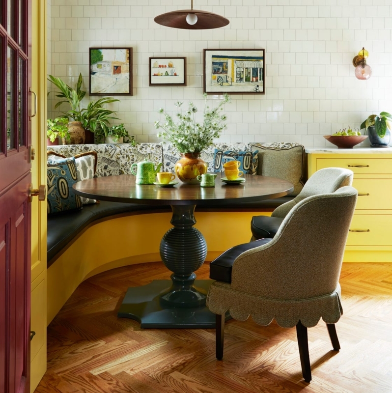 Eclectic Breakfast Nook Scalloped Skirt Chairs Yellow Banquette