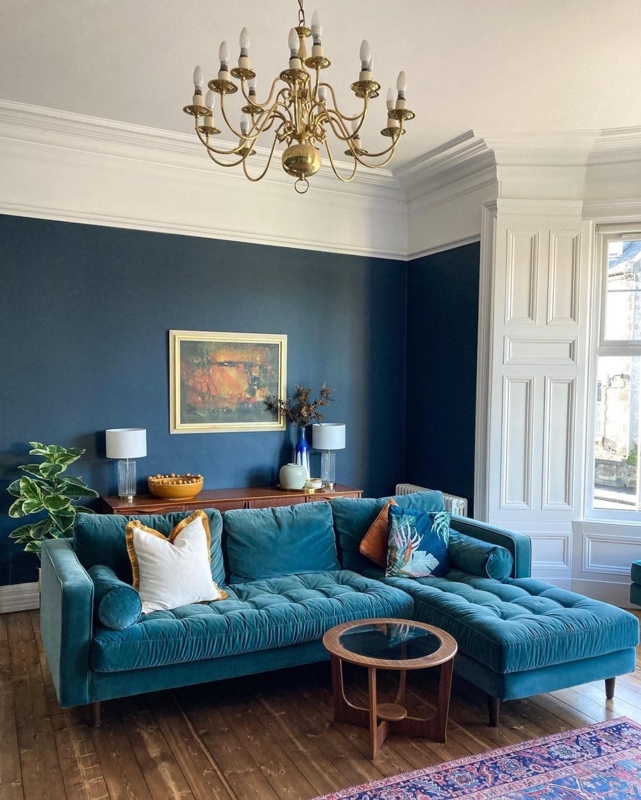 Eclectic Sectional Sofa Teal Velvet L-Shaped with Tufted Cushioning
